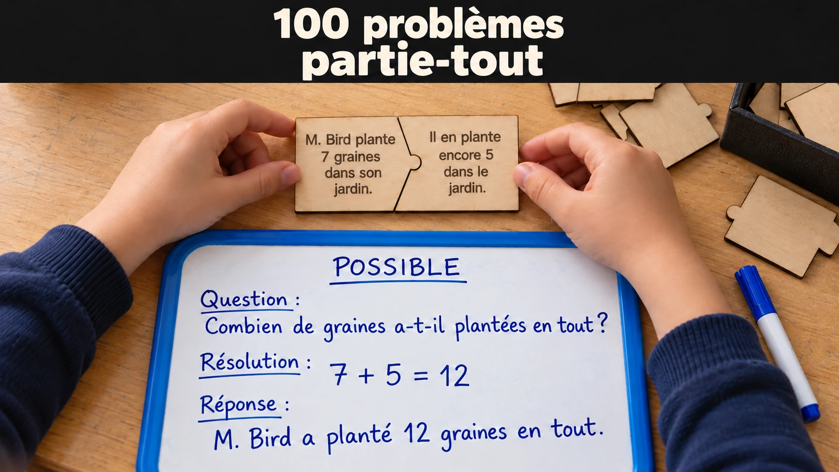 Visuel de 100 problèmes partie-tout, des tuiles en bois et la résolution sur une ardoise.