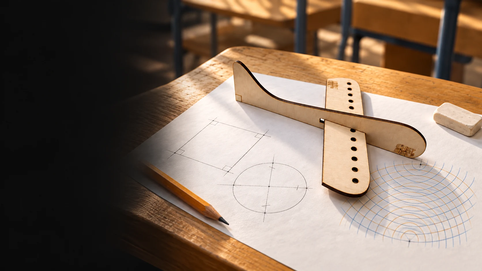 Instrument AVION-geom en bois et figures géométriques, dont carré, cercle et réseau d’arcs croisés.