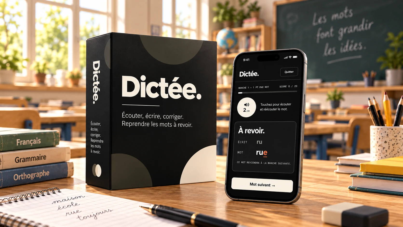 Visuel de Dictée : coffret noir et application sur smartphone dans une classe